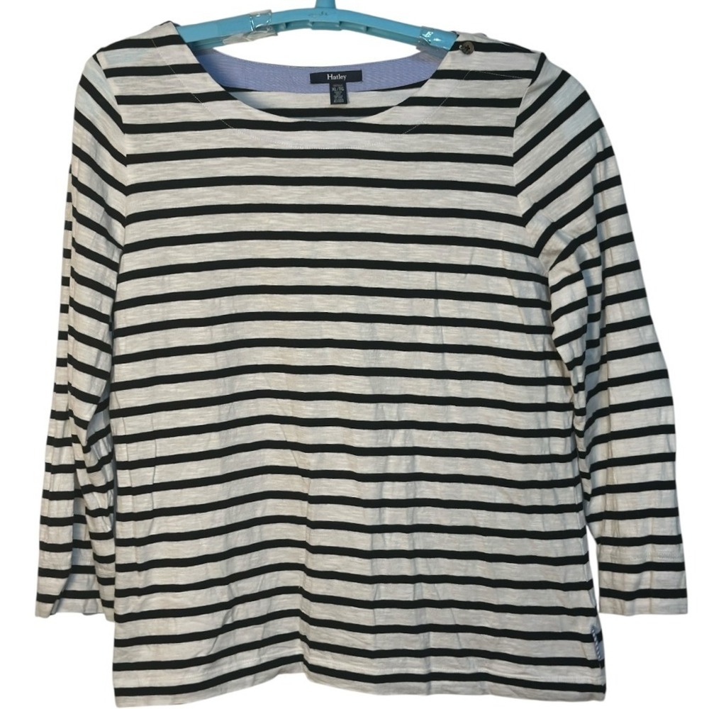 Hatley Boat Neck Top‎ Nautical Casual Black White Striped 3/4 Sleeve Cotton XL